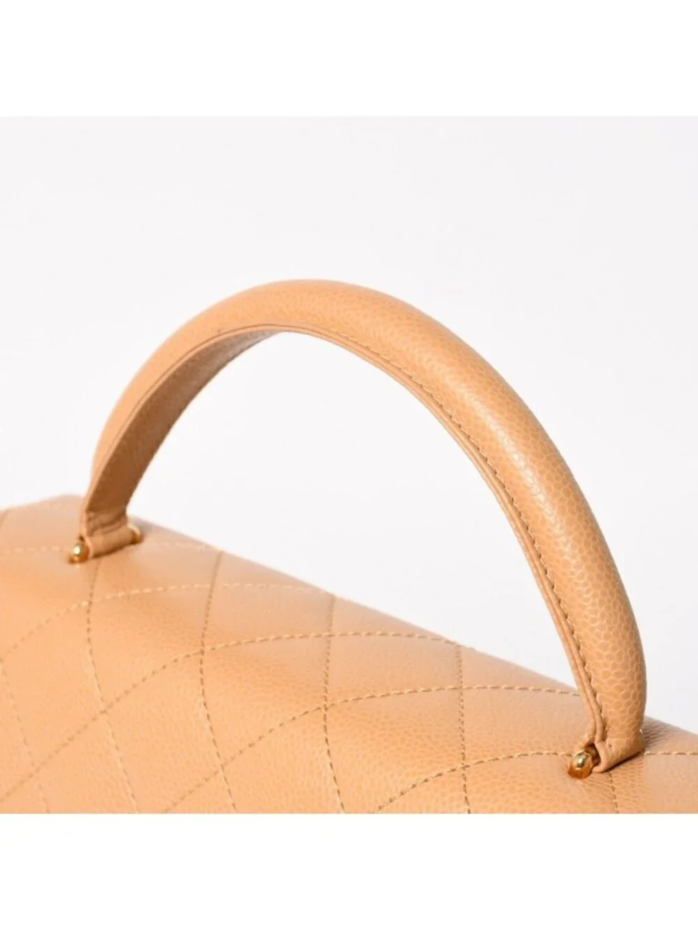 Chanel Top Handle Bag Handbag CC Logo Quilted Caviar Leather Beige Gold